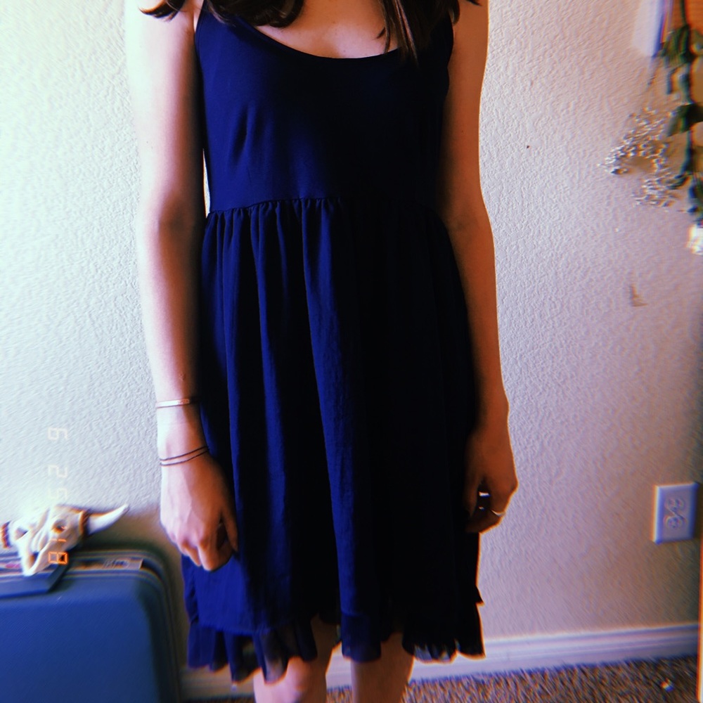 Navy blue scoop neck, uneven bottom trim dress